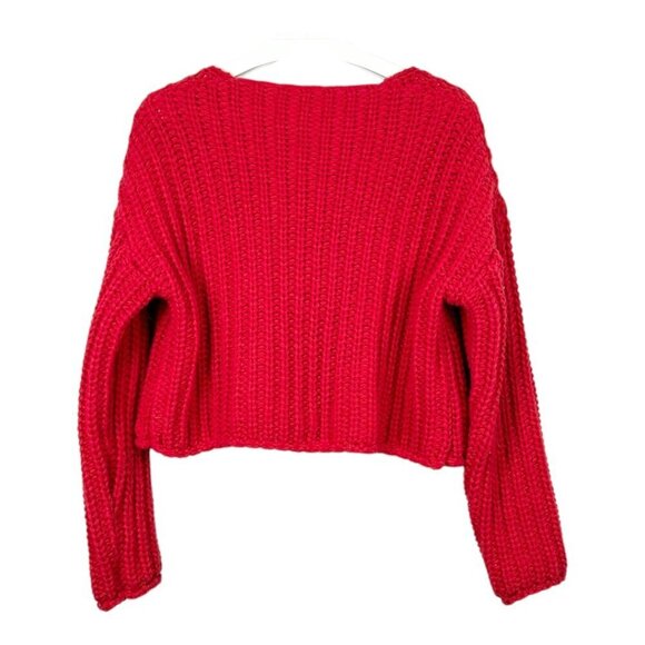 Hand Knit Cropped Large Button Cardigan Red - Picture 2 of 6